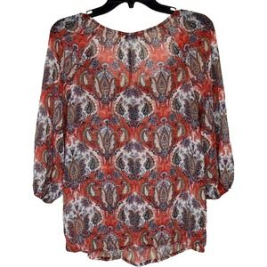 Liz Claiborne Petite PM Red Paisley Boho Sheer 3/4 Sleeve Peasant Blouse Top